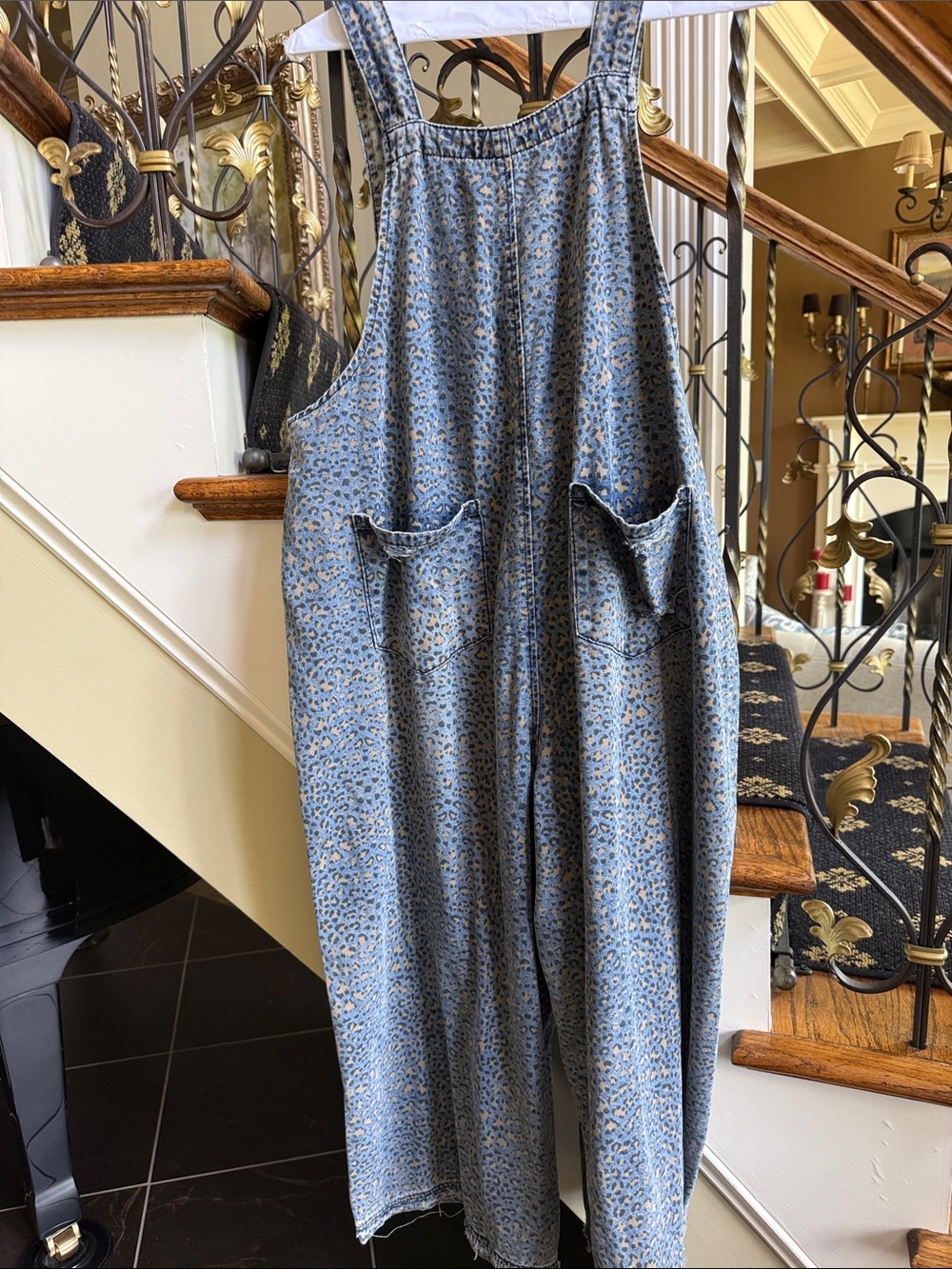 Easel Very Distressed Overall jumpsuit-jumper. Leopard blue jean.So cute. S EUC - Picture 6 of 8